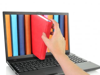 Image of a bookshelf on a laptop